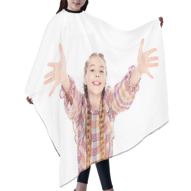 Personality  Adorable Kid With Outstretched Hands Looking At Camera Isolated On White Hair Cutting Cape