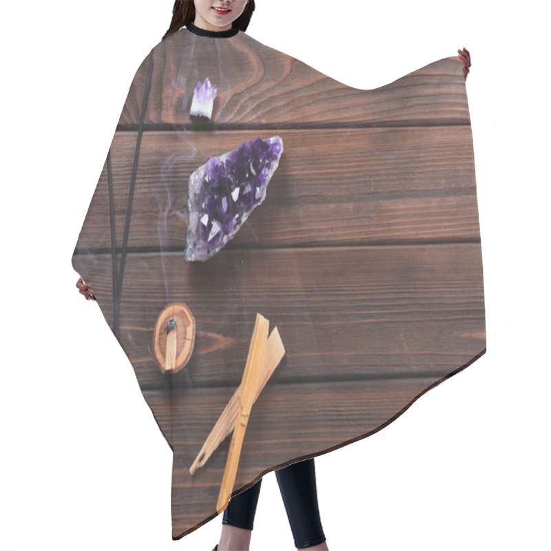 Personality  Composition Of Esoteric Objects Used For Healing, Meditation, Relaxation And Purifying. Amethyst Stones, Palo Santo Wood, Aromatic Sticks On Dark Background.  Hair Cutting Cape