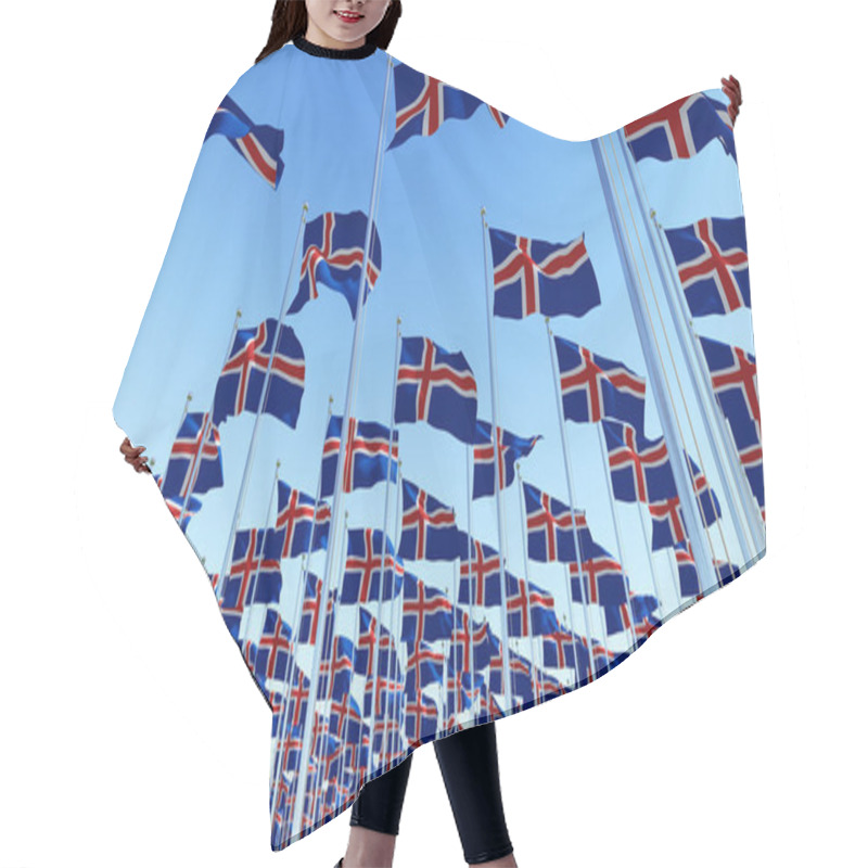 Personality  Many Flags Of Iceland Blowing In The Wind Against Clear Blue Sky. Three Dimensional Rendering Illustration. Hair Cutting Cape