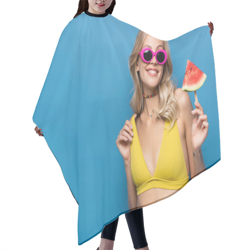 Personality  Happy Young Woman In Pink Sunglasses Holding Popsicle Stick With Watermelon On Blue Hair Cutting Cape