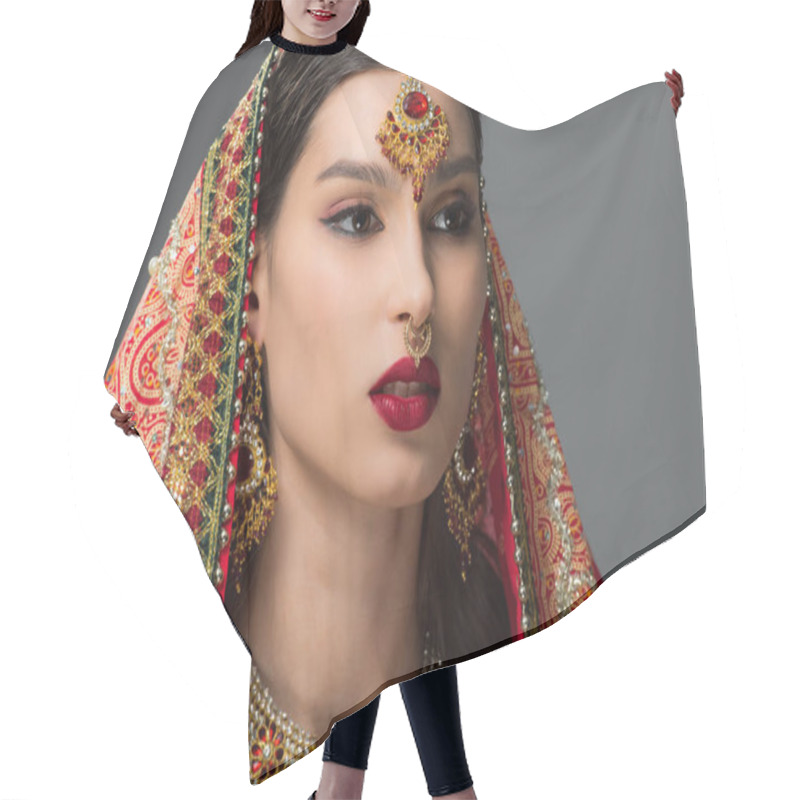 Personality  Attractive Indian Woman Posing In Traditional Sari And Bindi, Isolated On Grey  Hair Cutting Cape