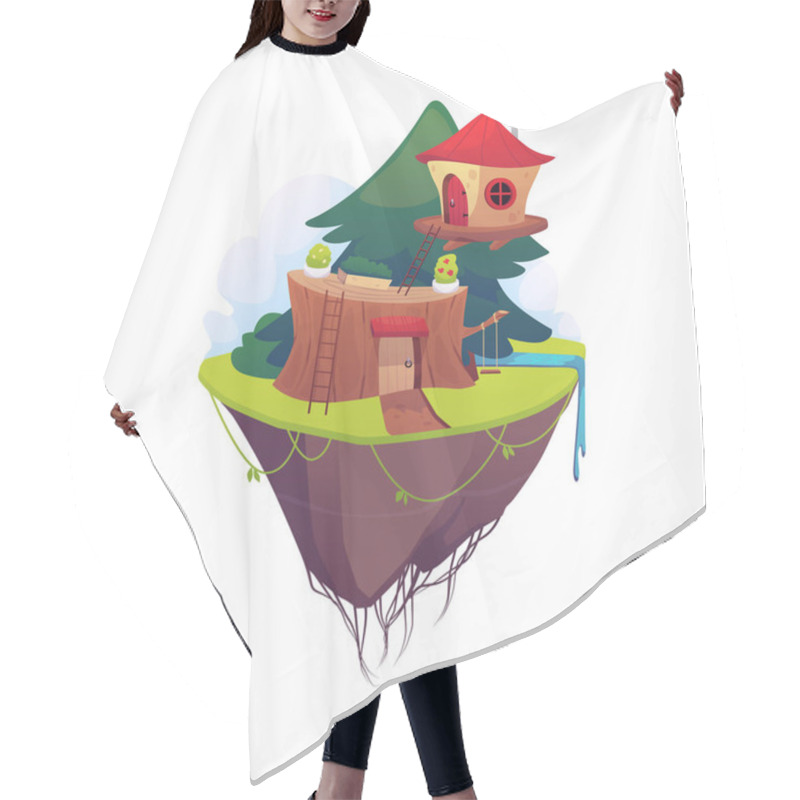 Personality  Game Island With Huts On The Fir Tree In The Sky. Vector Cartoon Cute Fairy Tale Village Houses With Stairs, Swing And Potted Plants. Rural Village Wooden Dwelling On Floating Rock Land With Waterfall Hair Cutting Cape