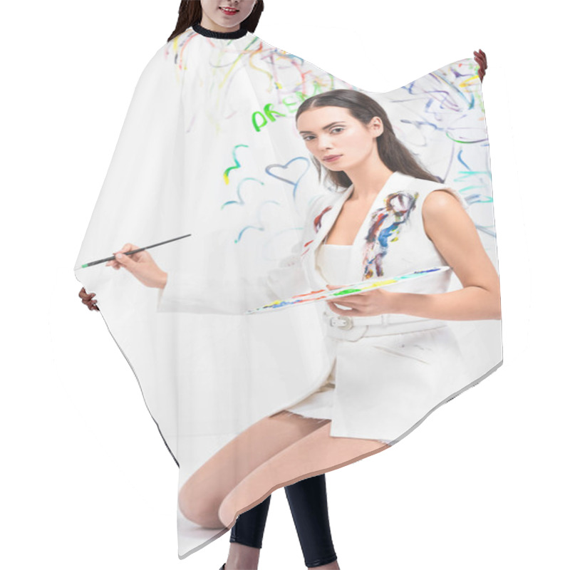 Personality  Beautiful Barefoot Woman In Total White Posing With Drawing Equipment Hair Cutting Cape