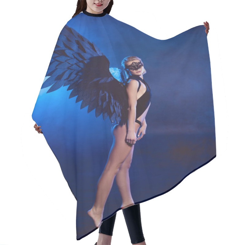 Personality  Beautiful Sexy Woman With Lace Mask And Black Angel Wings Standing On Tiptoe On Dark Blue Background Hair Cutting Cape