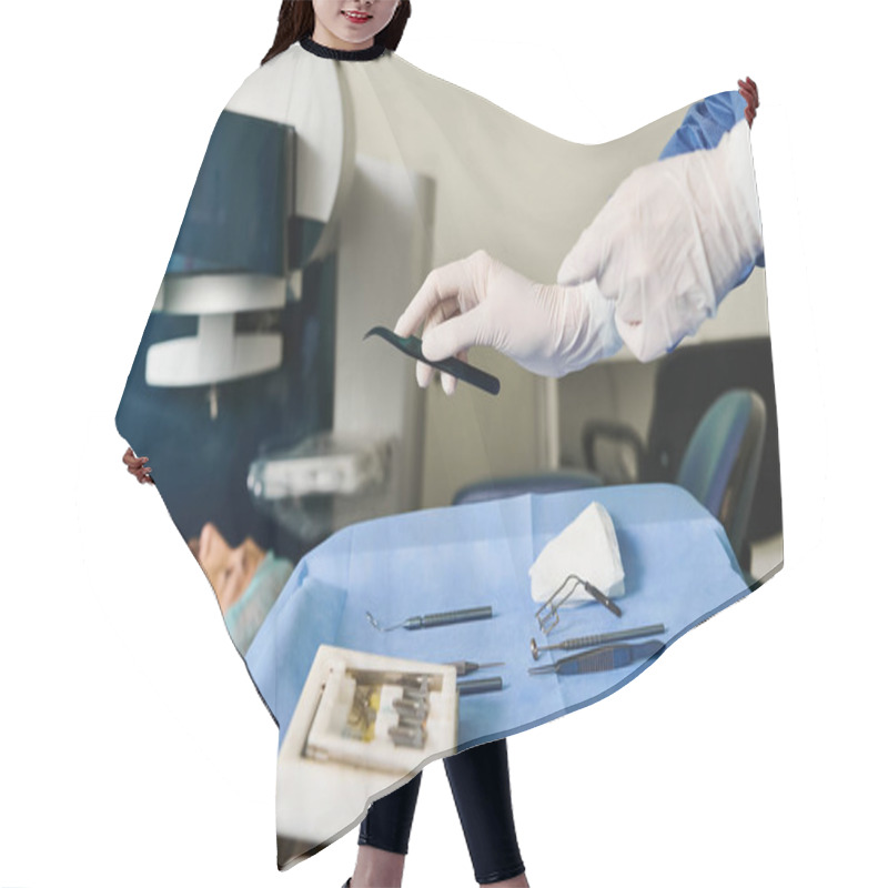 Personality  A Woman Undergoing Laser Vision Correction In A Hospital Room With A Machine. Hair Cutting Cape