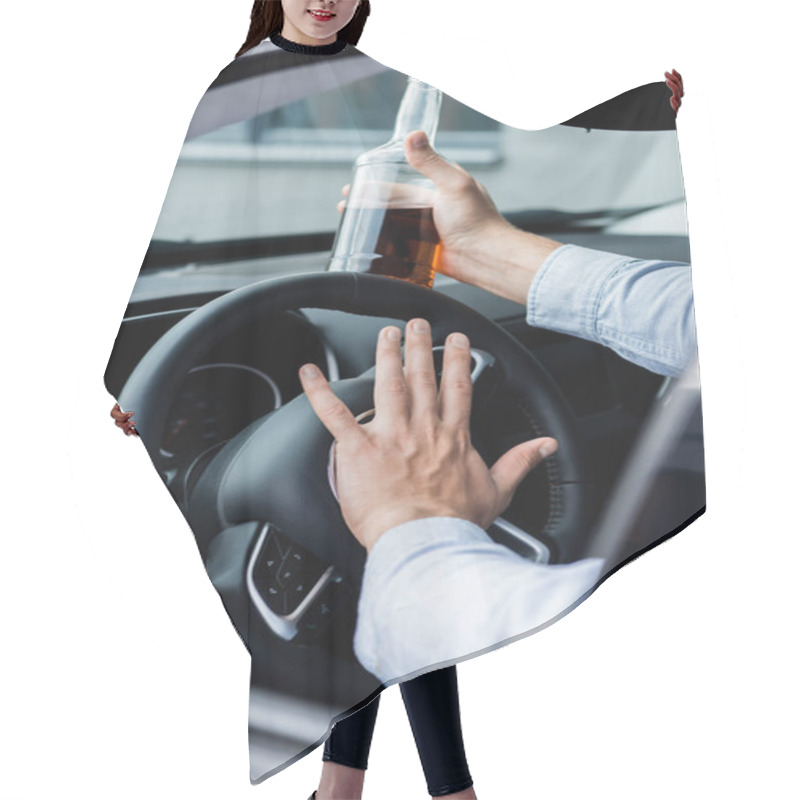 Personality  Partial View Of Man Beeping While Driving Car And Holding Bottle Of Whiskey, Blurred Foreground Hair Cutting Cape