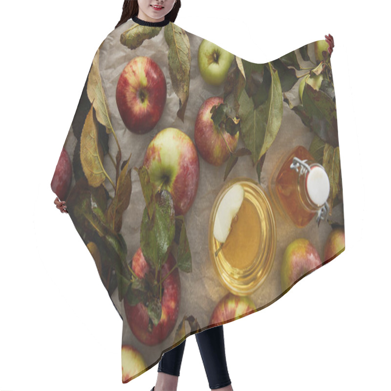 Personality  Top View Of Ripe Apples With Leaves Near Glass And Bottle Of Cider Hair Cutting Cape