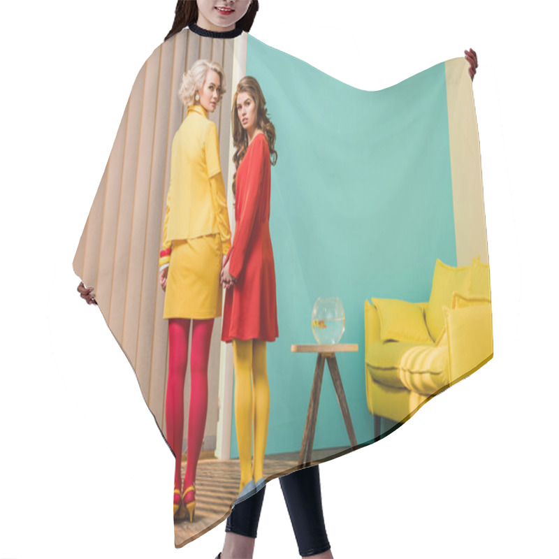 Personality  Rear View Of Women In Bright Retro Styled Clothing Holding Hands At Colorful Apartment, Doll House Concept Hair Cutting Cape