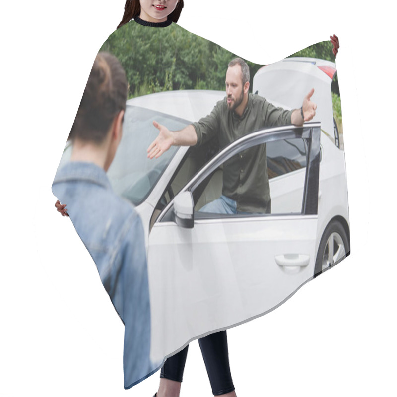 Personality  Irritated Man Screaming On Driver On Road After Car Accident Hair Cutting Cape