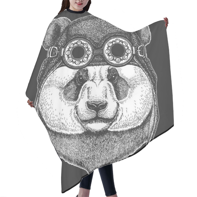 Personality  Big Panda, Bamboo Bear Portrait. Aviator Leather Helmet. Face Of Cute Animal. Bear Head. Hair Cutting Cape