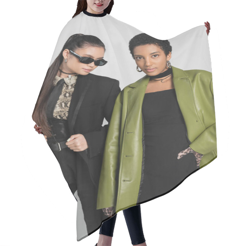 Personality  Trendy Asian And African American Women Posing Isolated On Grey  Hair Cutting Cape