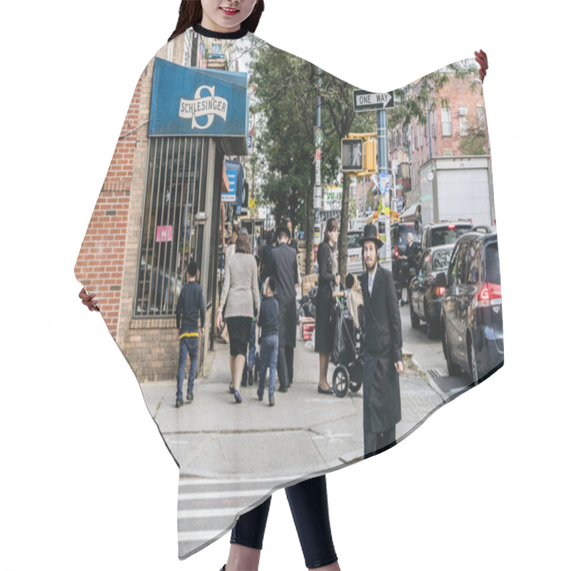 Personality  Jewish Hassidic Man Crosses The Street. Hair Cutting Cape