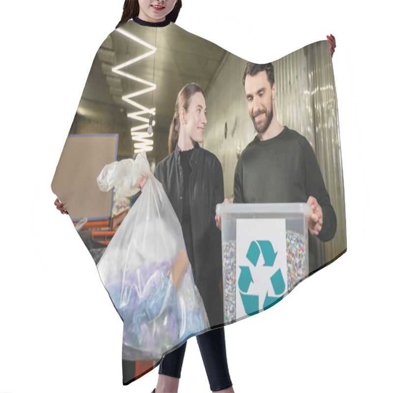 Personality  Smiling Volunteer Holding Trash Bag Near Man With Bin And Recycle Sign In Blurred Waste Disposal Station At Background, Garbage Sorting And Recycling Concept Hair Cutting Cape