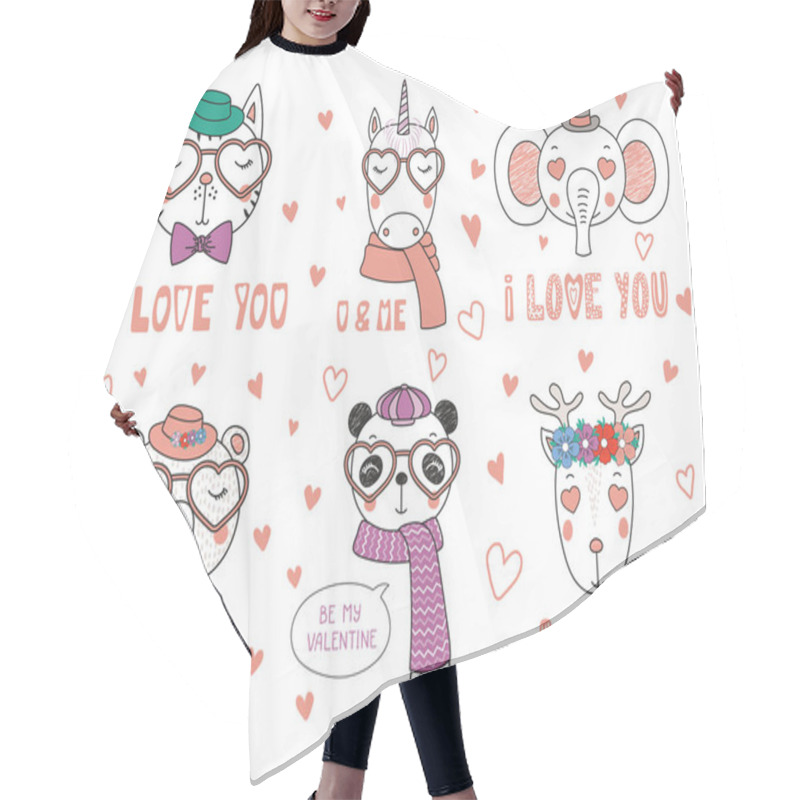 Personality  Valentines Day Card With Set Of Hand Drawn Portraits Of Cute Funny Animals With Accessories And Romantic Quotes, Vector, Illustration Hair Cutting Cape