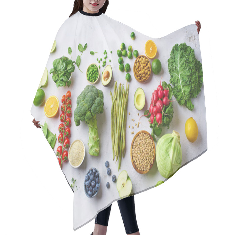 Personality  Creative Flat Lay With Healthy Vegetarian Meal Ingredients. Raw Food Concept.  Hair Cutting Cape