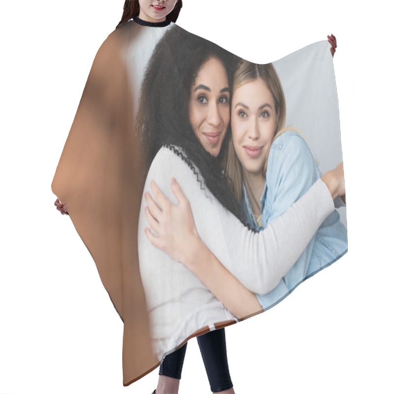 Personality  Joyful Interracial Lesbians Embracing During Appointment With Blurred Psychologist Hair Cutting Cape