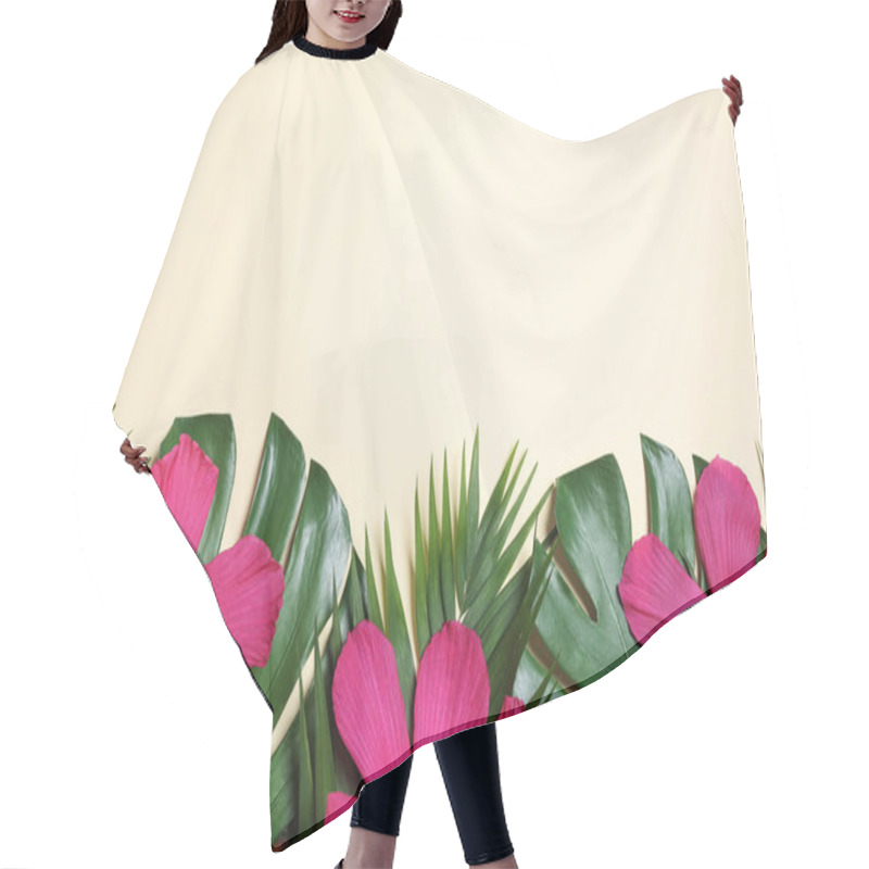 Personality  Flat Lay Composition With Tropical Leaves And Hibiscus Flowers On Beige Background. Space For Text Hair Cutting Cape