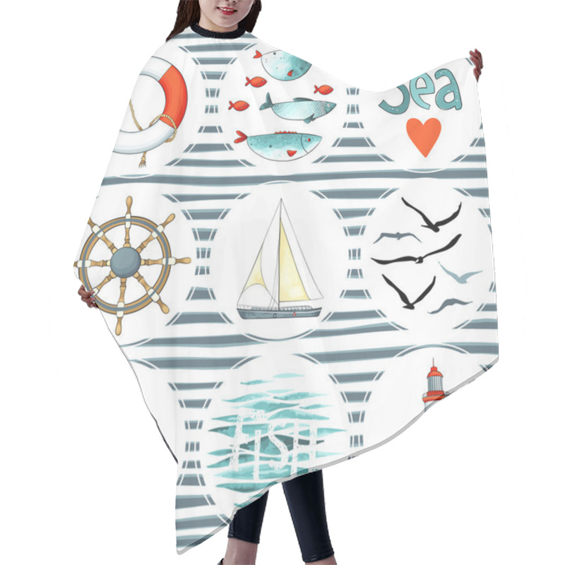 Personality  Sea Set Of 9 Nautical Elements Isolated   Hair Cutting Cape