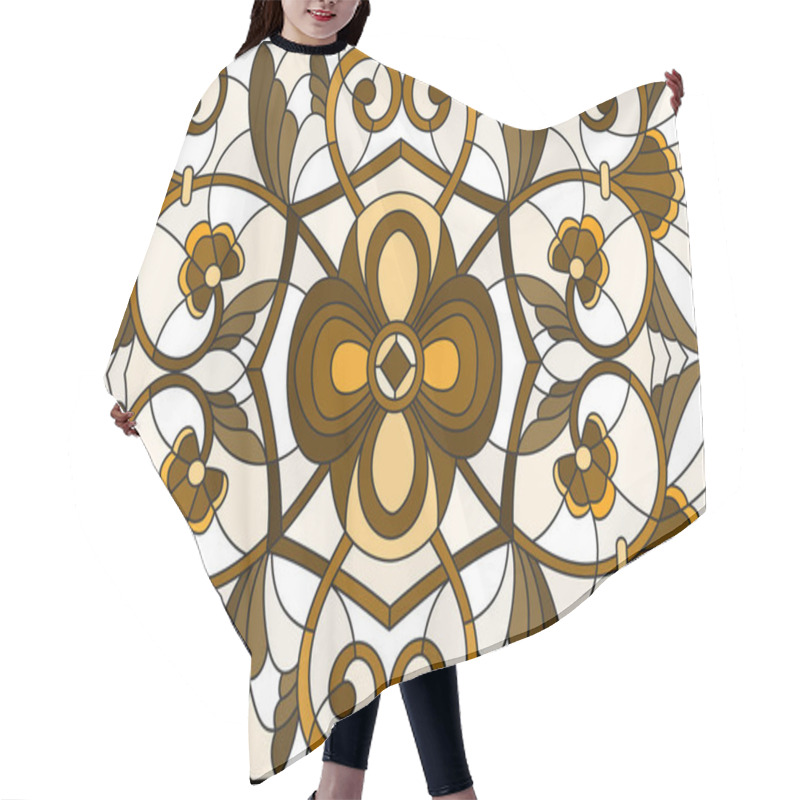 Personality  Illustration In Stained Glass Style With Abstract  Swirls And Leaves  On A Light Background,horizontal Orientation, Sepia Hair Cutting Cape