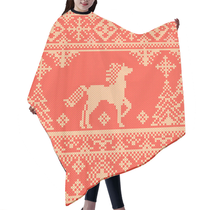 Personality  Seamless Embroidery Red Christmas Pattern With Horse And Pine Trees Hair Cutting Cape