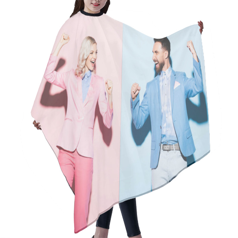 Personality  Smiling Woman And Handsome Man Showing Yes Gesture On Pink And Blue Background  Hair Cutting Cape