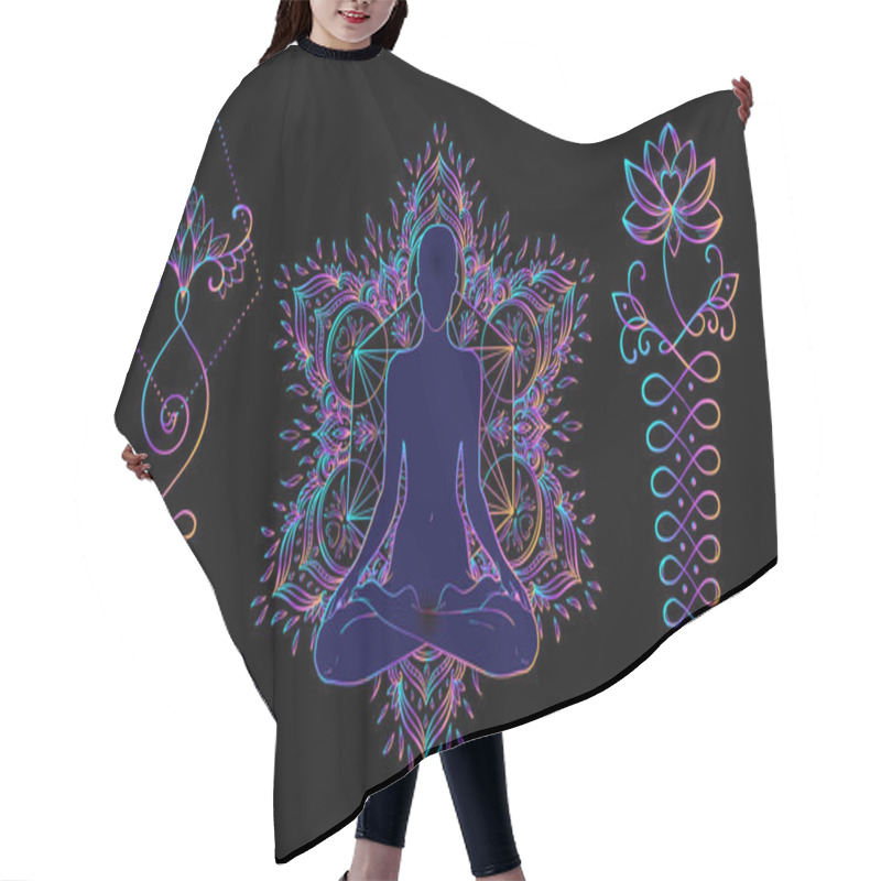 Personality  Sacred Geometry And Boo Symbol Set. Ayurveda Sign Of Harmony And Balance. Tattoo Design, Yoga. Poster, T-shirt Textile. Colorful Gradient Over Black. Astrology, Esoteric, Religion. Hair Cutting Cape