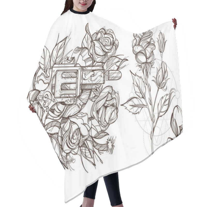 Personality  Roses And A Gun.  Illustrations Hair Cutting Cape