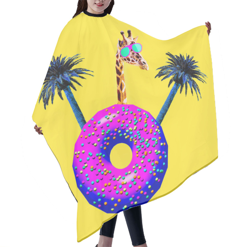 Personality  Giraffe Tropic Donut Mood. Contemporary Art Collage. Funny Fast Food Project Hair Cutting Cape