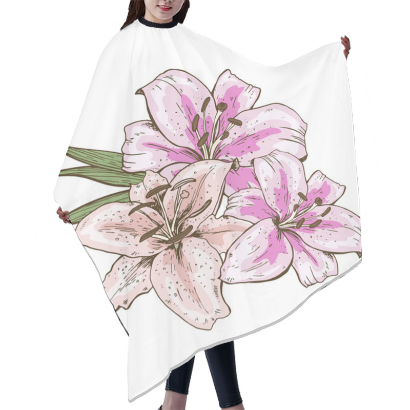 Personality  Bouquet Of Three Pink Lily Flowers Hand Drawn Isolated On White Background. Vector Illustration. Hair Cutting Cape