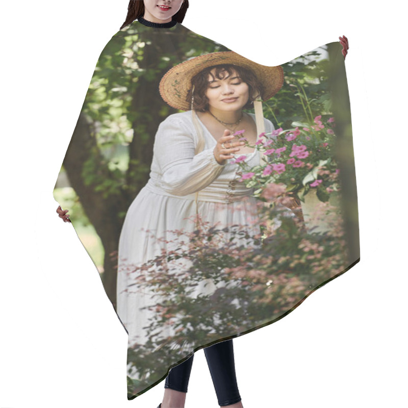 Personality  A Young Woman In A White Dress And Straw Hat Admires The Pink Flowers In A Lush Summer Garden. Hair Cutting Cape