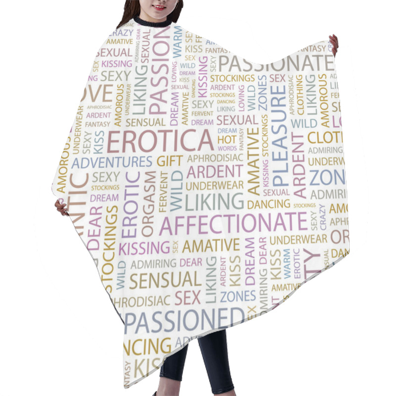 Personality  EROTICA. Seamless Vector Pattern With Word Cloud. Hair Cutting Cape