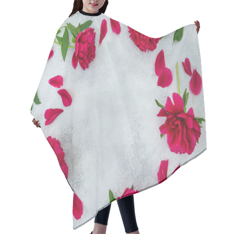 Personality  Floral Frame With Red Peonies Flowers On Gray Background. Flat Lay, Top View Hair Cutting Cape