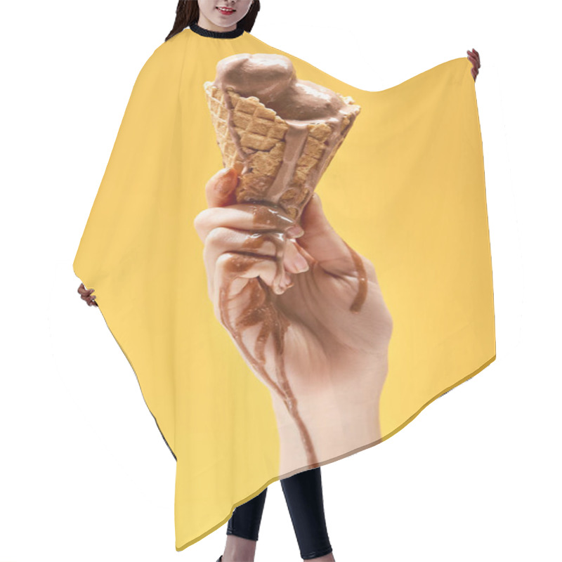 Personality  Partial View Of Woman Holding Delicious Melted Chocolate Ice Cream In Crispy Waffle Cone Isolated On Yellow Hair Cutting Cape