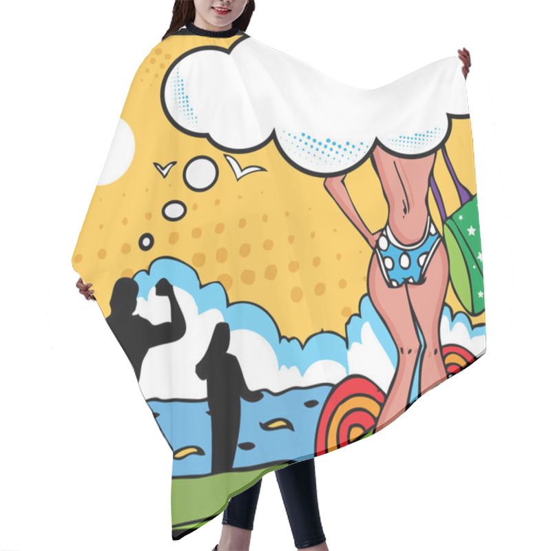 Personality  Pop Art Woman And Men On The Beach Sea Wow Have A Fun Hair Cutting Cape