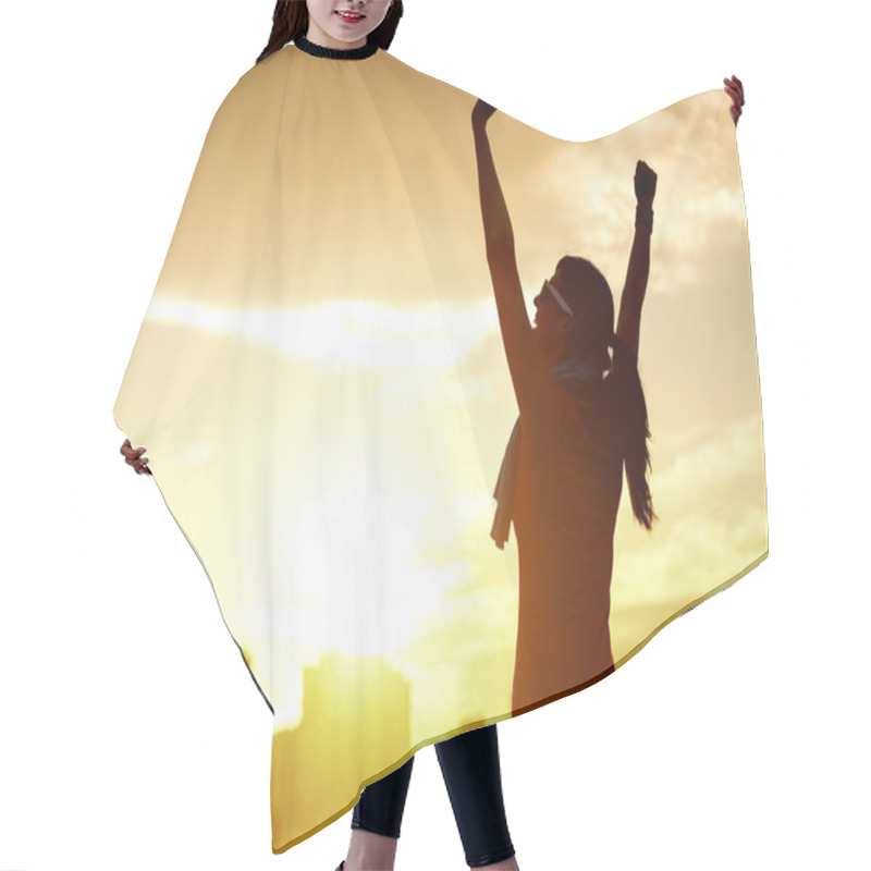 Personality  Happy Successful Sportswoman Raising Arms Hair Cutting Cape