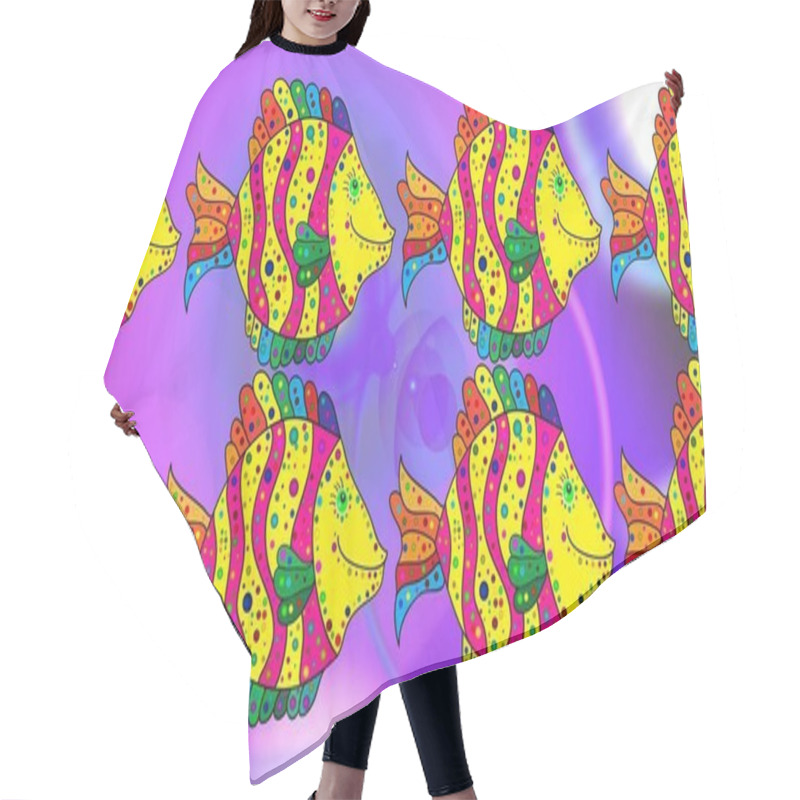 Personality  Colorful Summer Design. Underwater Raster Abstract Background, Tropical Sea Fish Sketch Pattern With Exotic Fish On Violet, Yellow And Magenta Colors. Hair Cutting Cape