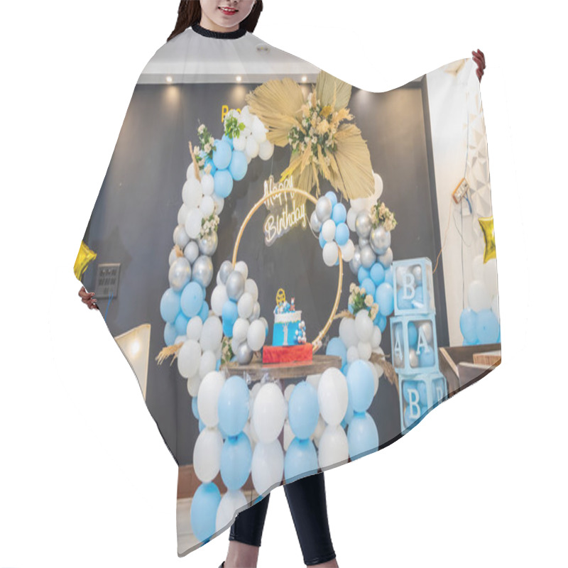 Personality  One Year Birthday Decoration With White And Blue Balloons From Different Angle Hair Cutting Cape