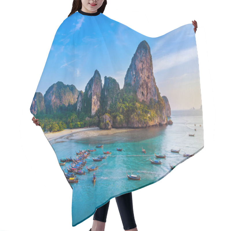 Personality  Railay Beach With Long Tail Boat In Krabi, Thailand. Hair Cutting Cape