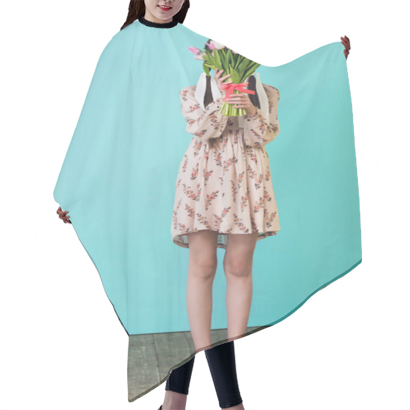 Personality  Stylish Girl In Summer Dress Holding Tulips, On Blue Hair Cutting Cape