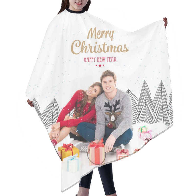 Personality  Couple In Winter Sweaters With Gifts Hair Cutting Cape