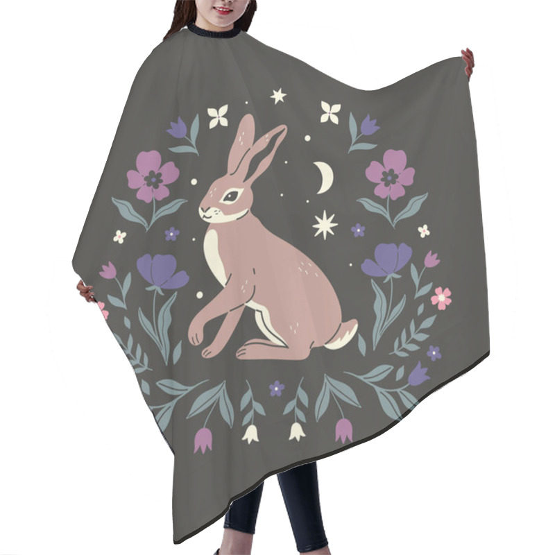 Personality  Hare On A Dark Background And In A Floral Frame. Vector Image. Hair Cutting Cape