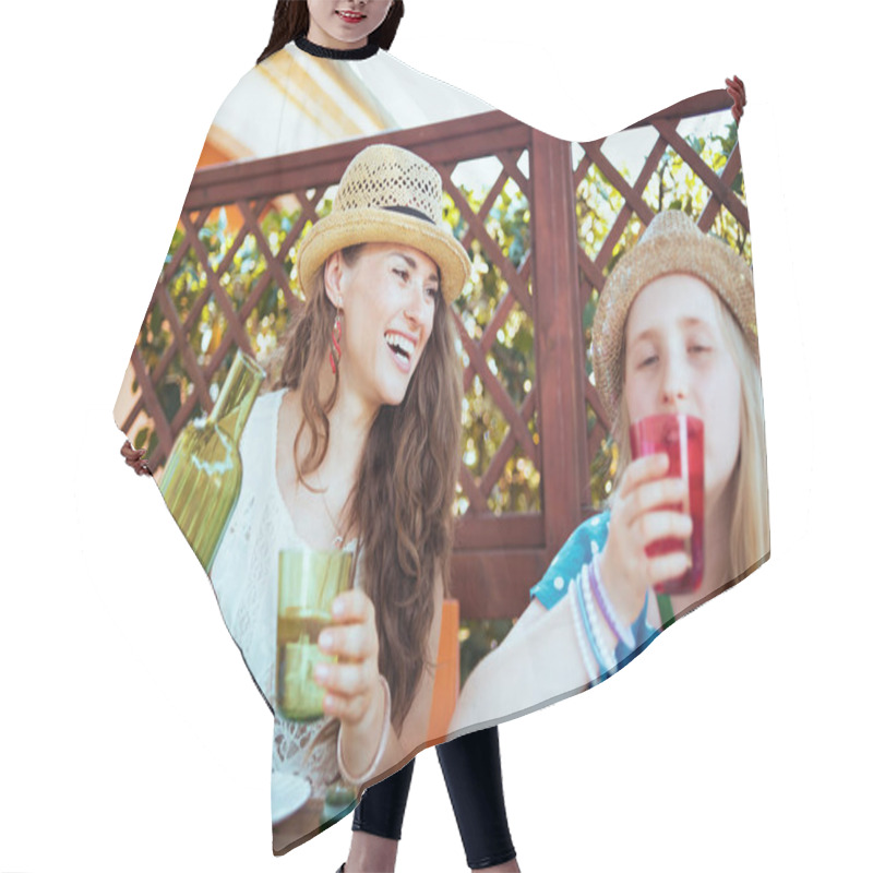 Personality  Smiling Trendy Family With Crostata And Green Bottle Of Lemonade Sitting At The Table Having Brunch In The Patio Of Guest House Hotel. Hair Cutting Cape