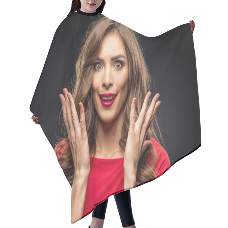 Personality  Surprised Brunette Woman Hair Cutting Cape