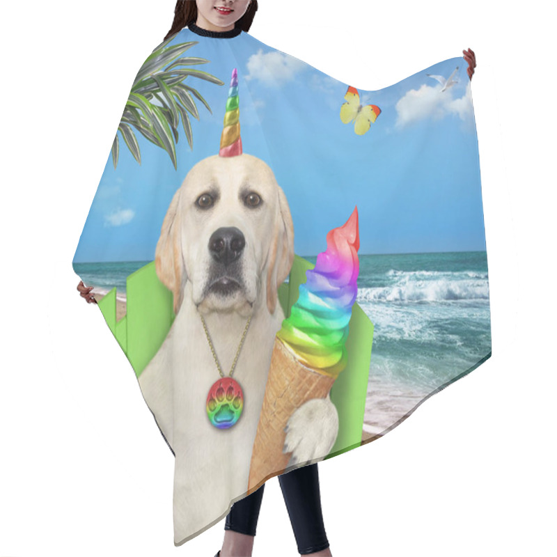 Personality  A Dog Unicorn Eats A Rainbow Cone Of Ice Cream Under A Palm Tree On A Beach Chair On The Seashore. Hair Cutting Cape