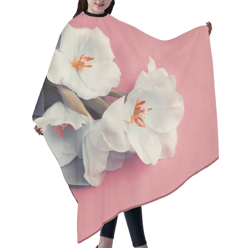 Personality  Close-up Of Tender White Spring Wrapped Tulips On Pink Background Hair Cutting Cape