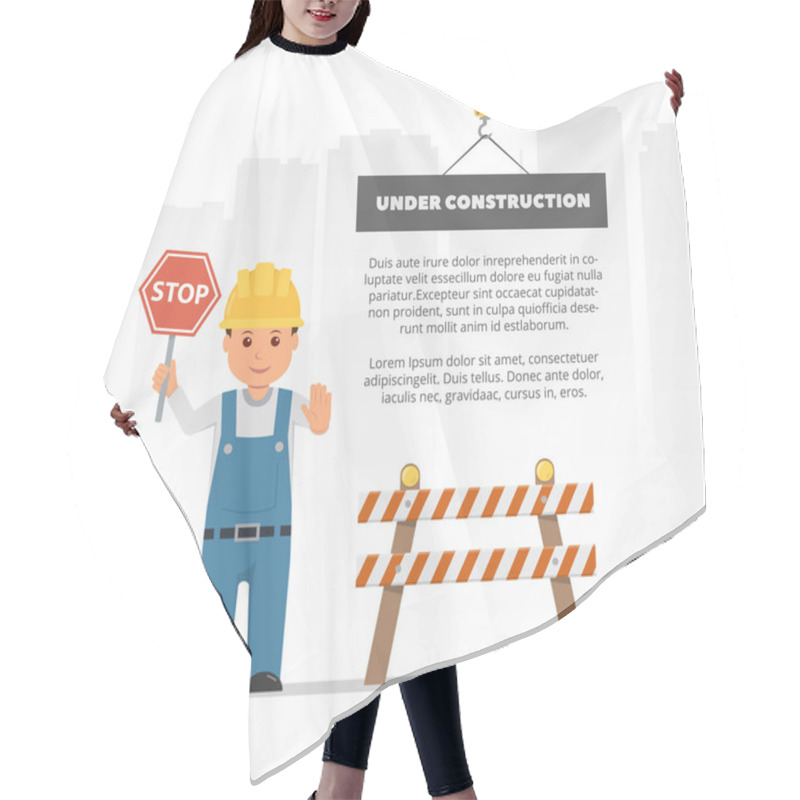 Personality  Cartoon Builder Holding A Stop Sign. Concept For Under Construction. Web Page The 404 Error. Vector Illustration In Flat Style. Hair Cutting Cape