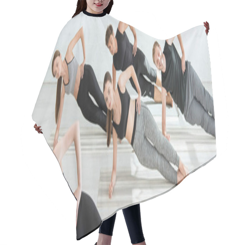 Personality  Panoramic Shot Of Five Young People Practicing Yoga In Side Plank Pose Hair Cutting Cape