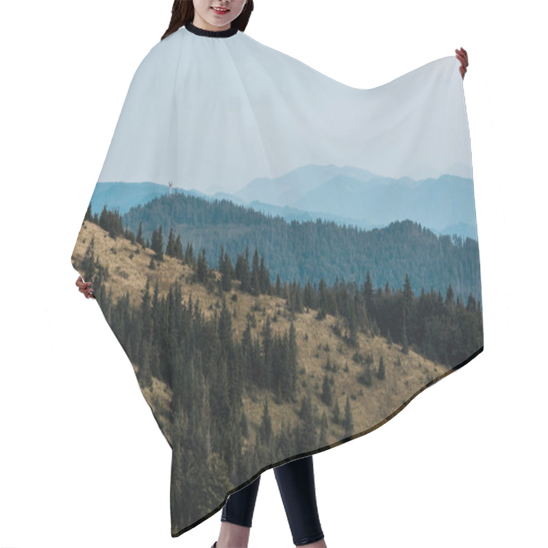 Personality  Yellow Lawn With Pine Trees In Mountains Against Sky  Hair Cutting Cape