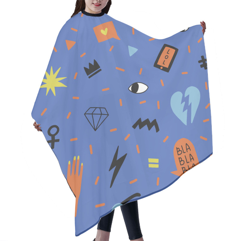 Personality  Seamless Pattern With Hand Phrases And Symbols For Teenage Girls. Hair Cutting Cape