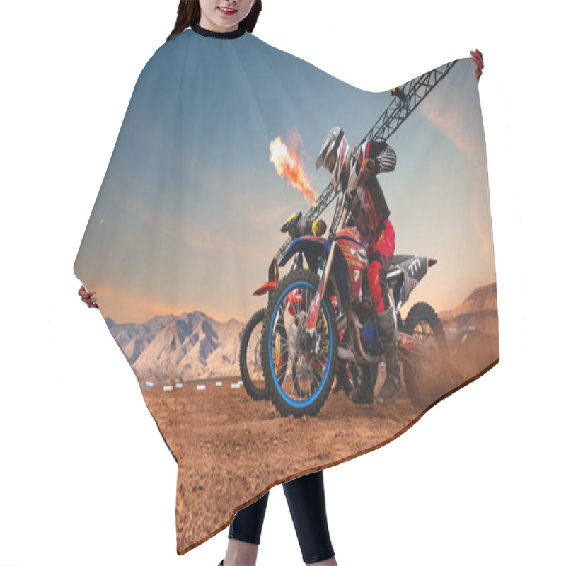 Personality  Motocross Rider In Action. Motocross Sport. Hair Cutting Cape